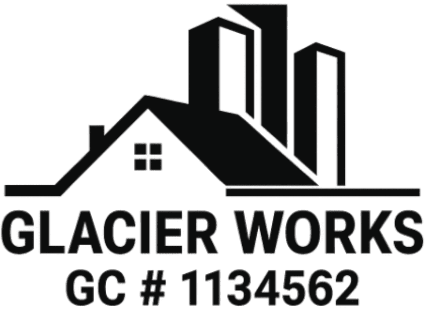 Logo for Glacier Works featuring a house roof and skyscrapers, with text "Glacier Works GC # 1134562.